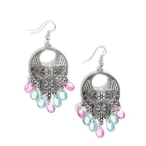 Elegant Silver Filigree Chandelier Earrings with Multicolor Accents